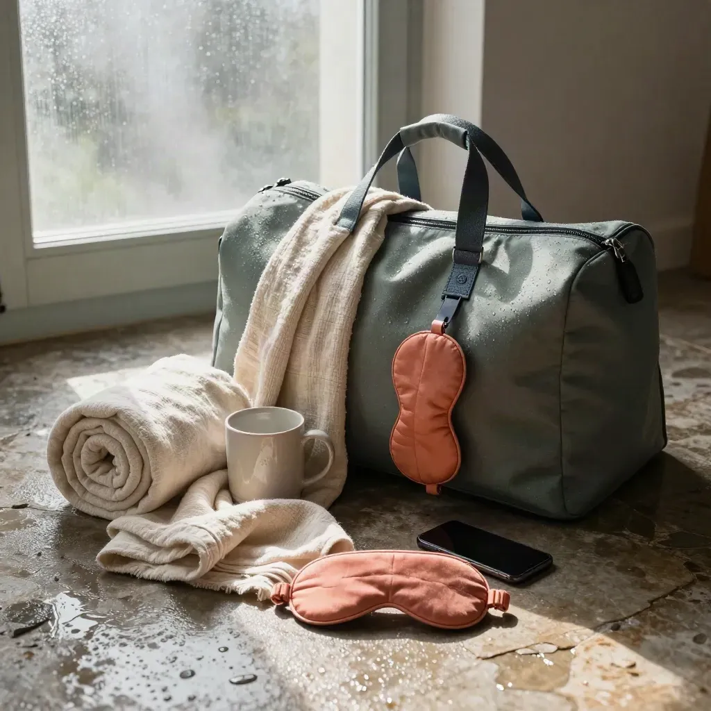 Unzipped weekend bag with robe, blanket, mug, sleep mask and phone on rain-dark stone at sunrise.