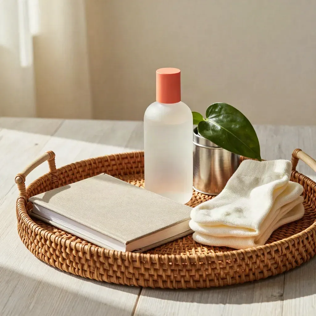 Woven tray with journal, tea tin, linen spray, folded socks, and a plant leaf on pale wood.