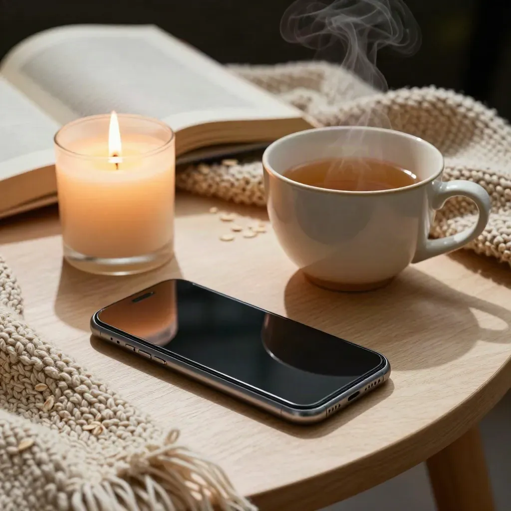Phone, candle, tea cup, and knit throw on a side table in warm evening light.