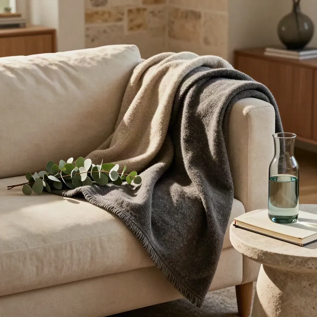 Weighted blanket, eucalyptus, carafe and notebook in a moody recovery corner.