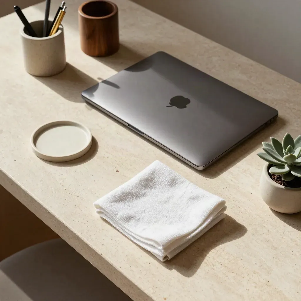 Top-down of a closed laptop, cloth, pen cup and small plant on a pale stone desk in sunlight.