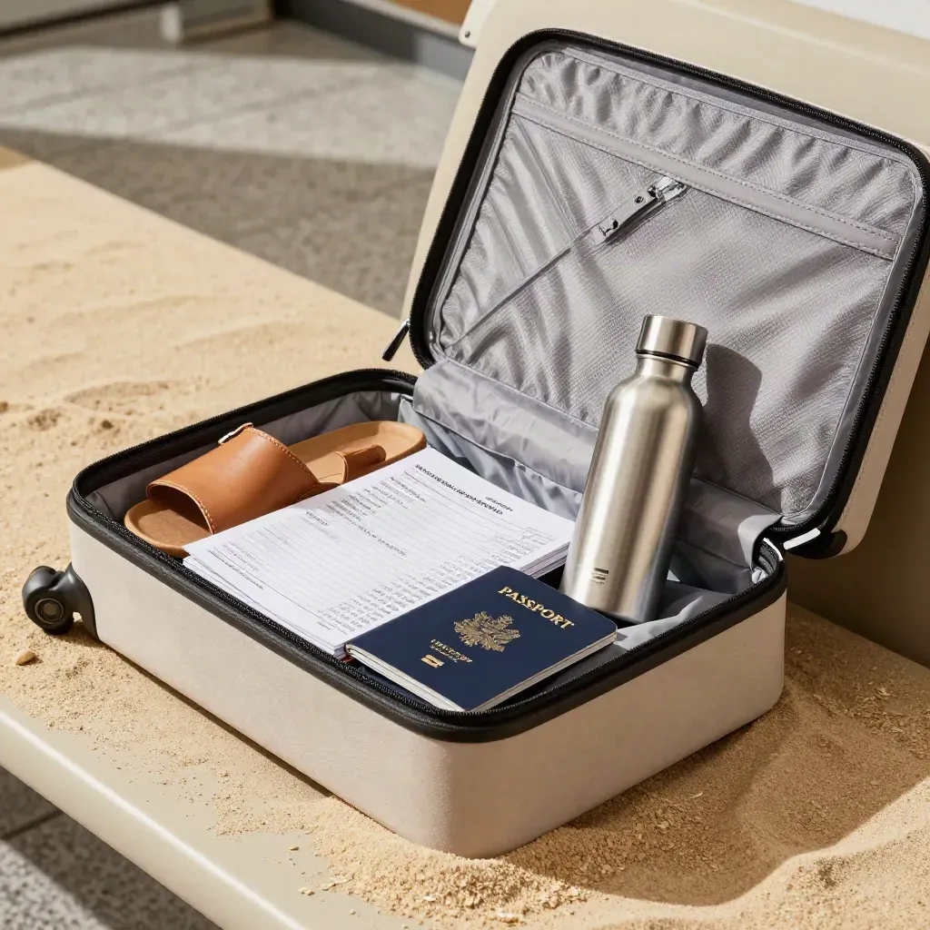Travel packing essentials on a sand bench: cube set, sandals, passport sleeve, bottle.