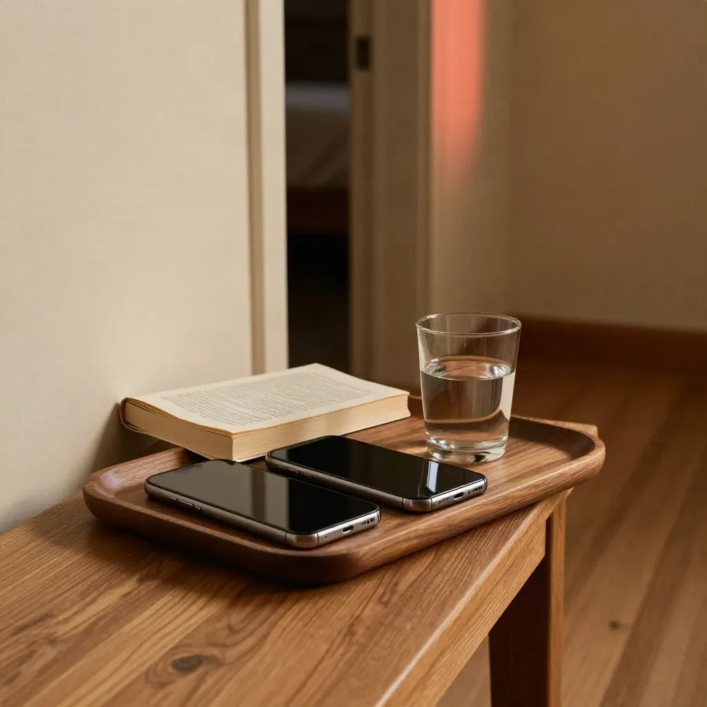 Two phones face down on a hallway charging tray beside a paperback and water glass.