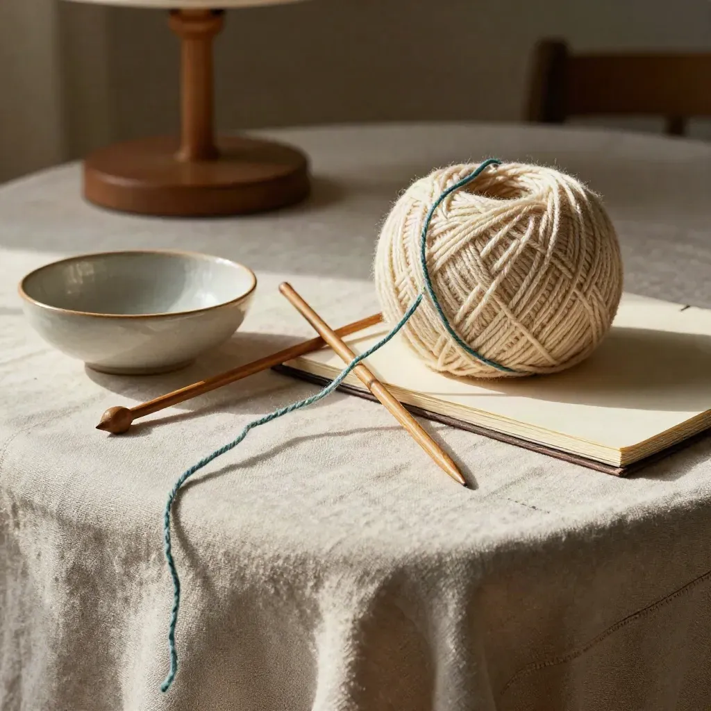 Knitting skein, wooden needles, bowl, sketchpad and lamp on a linen table