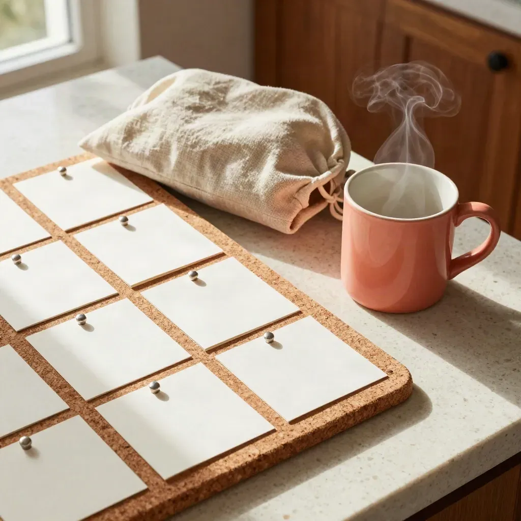 Cork reset board with blank cards, linen pouch, and steaming mug on a travertine kitchen counter.