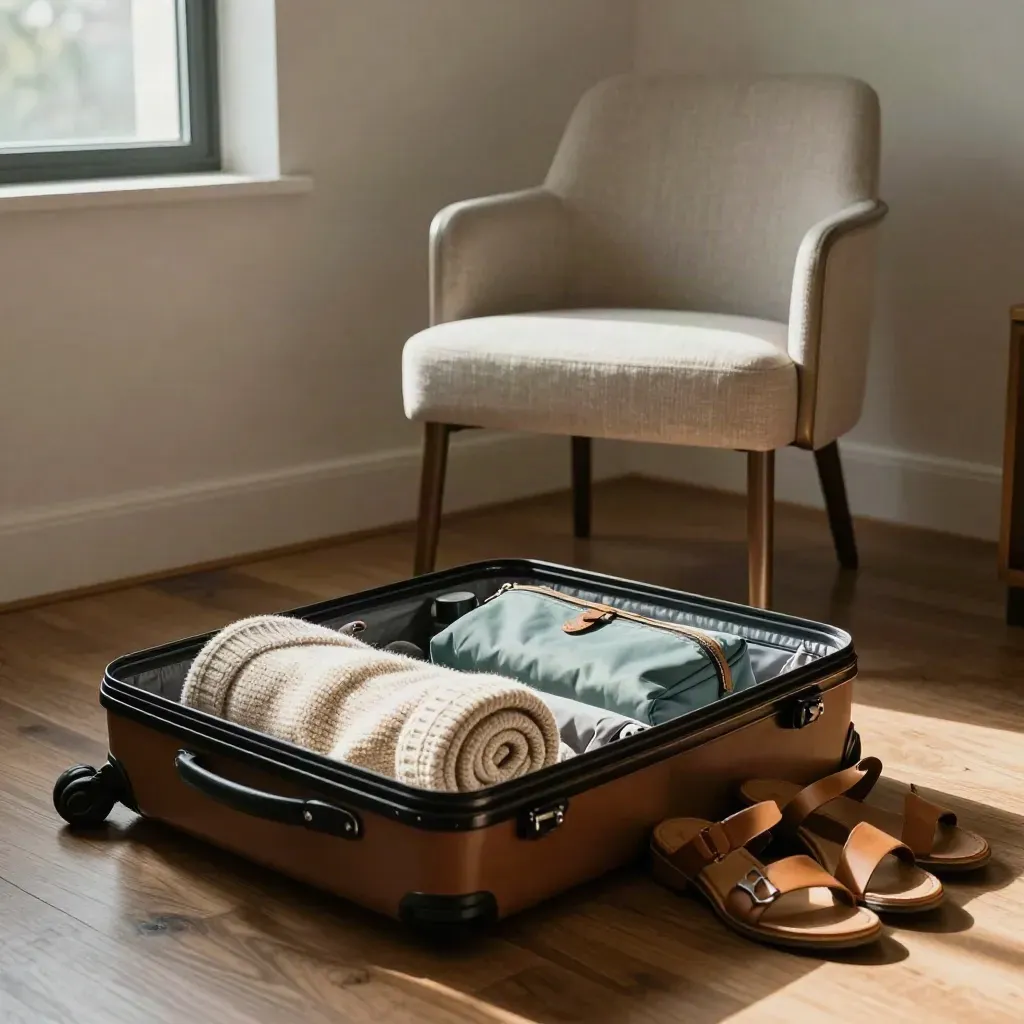 Open suitcase with essentials beside a hotel chair in cool morning light.