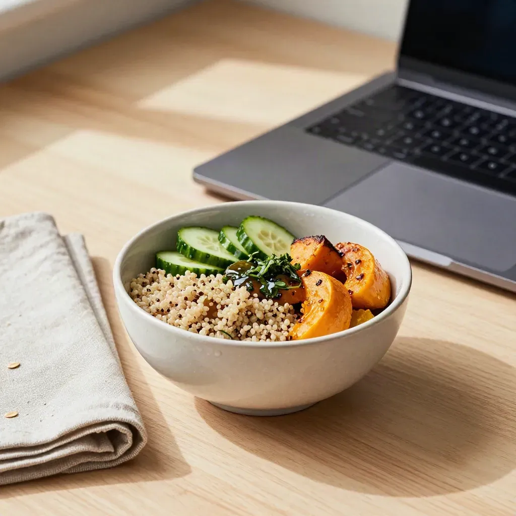 Lunch bowl, folded napkin, and closed laptop on a quiet desk in soft daylight.