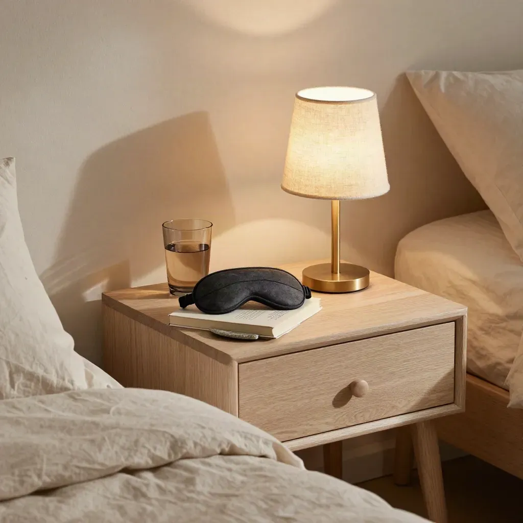 Bedside table with sleep mask, water glass, face-down book and dim lamp in a quiet night routine.