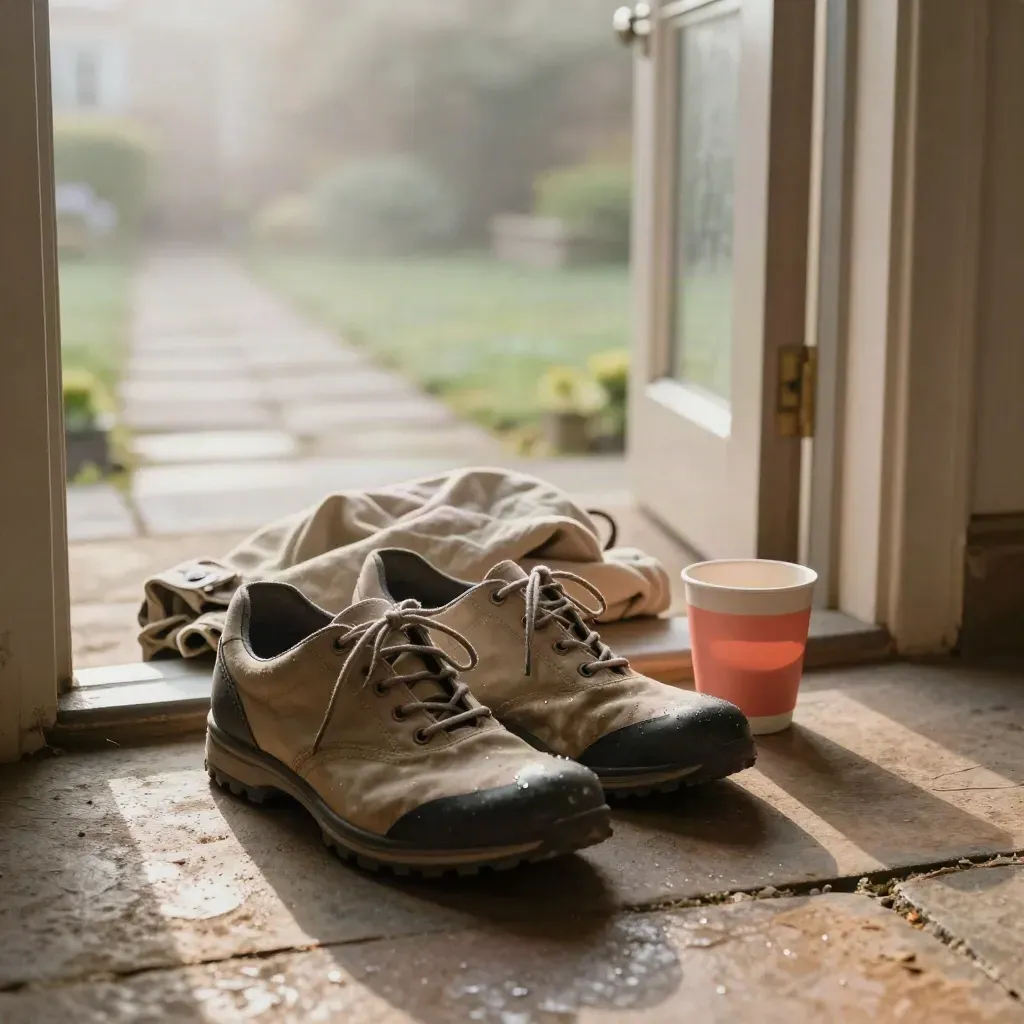 Walking shoes, folded jacket and takeaway mug on a misty doorstep at dawn.