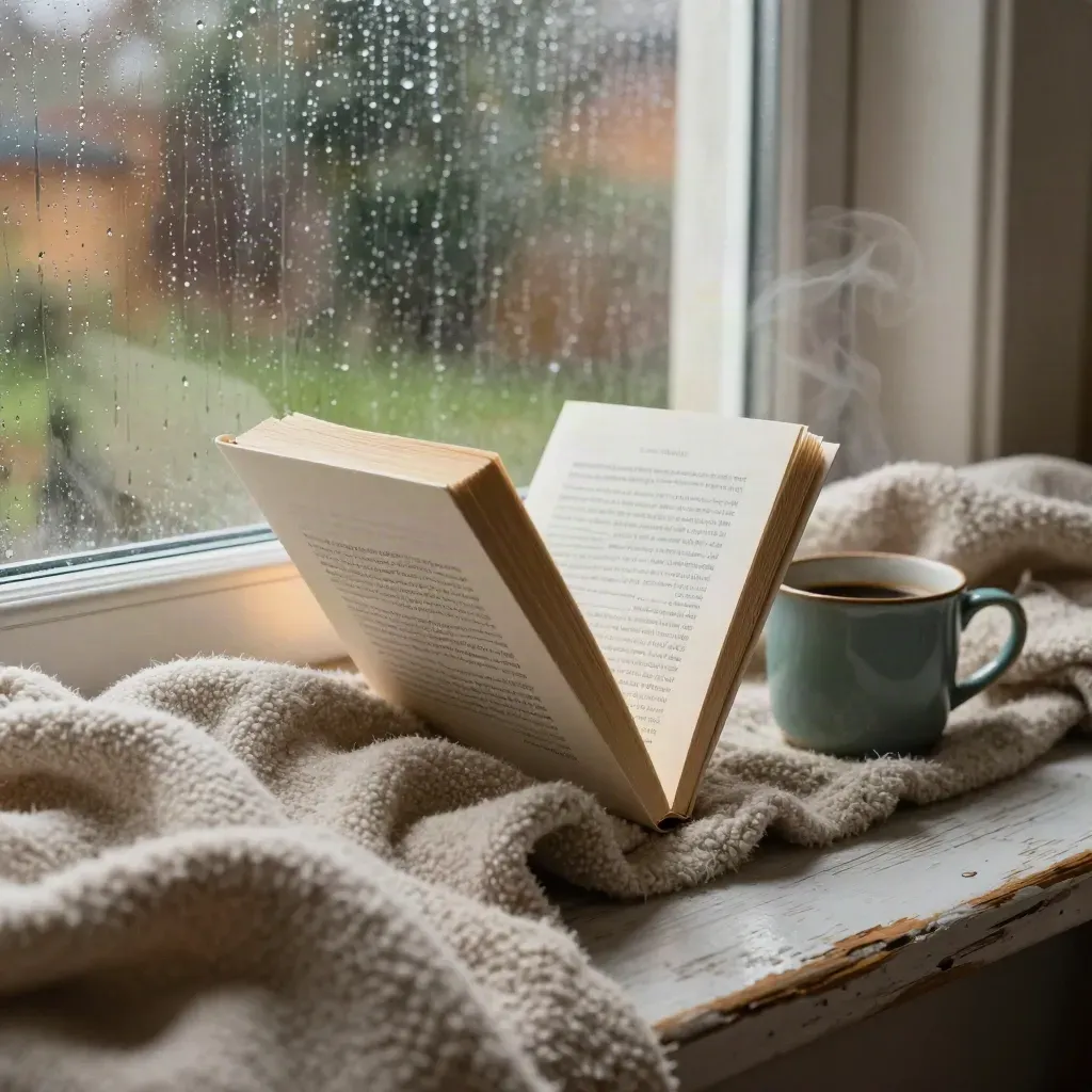 Paperback and muted teal mug on a rain-streaked window seat beside a rumpled blanket.