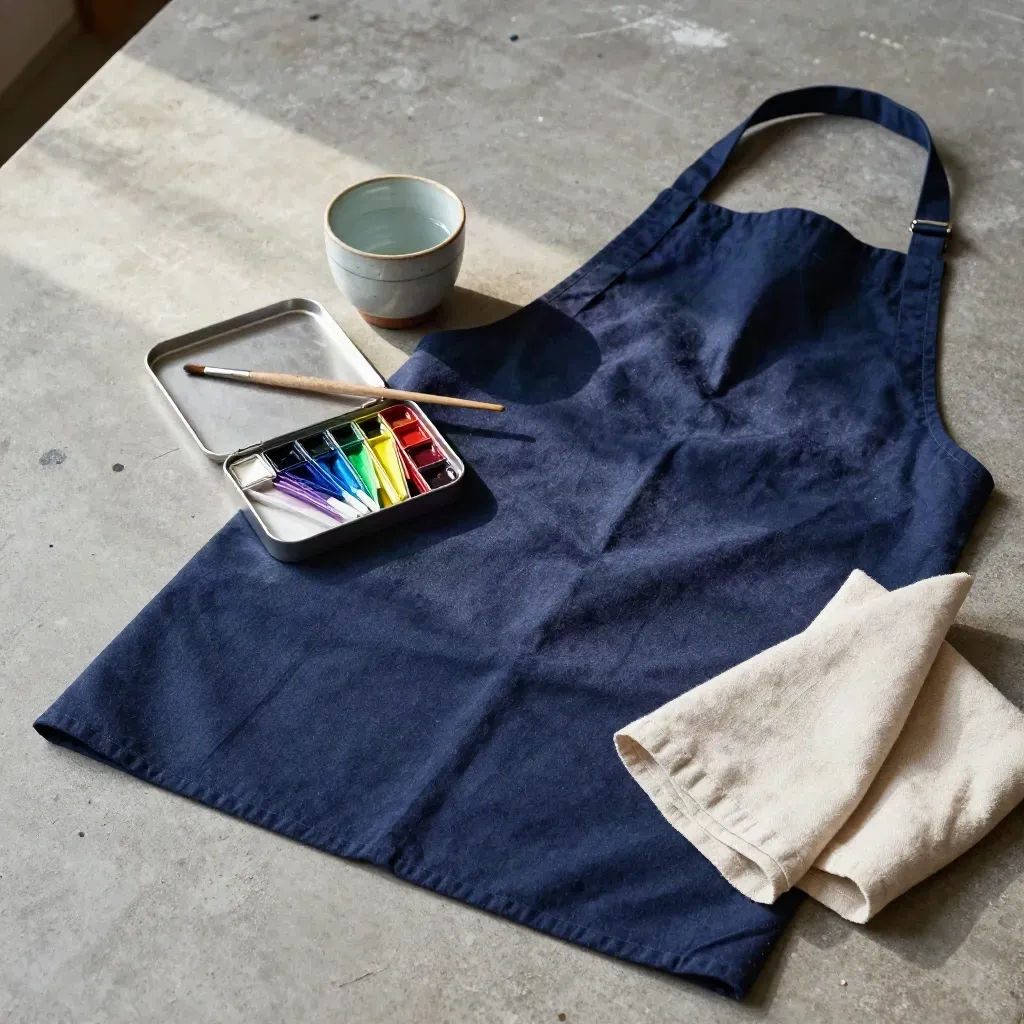 Open paint set, folded apron, and ceramic water cup on a concrete studio table