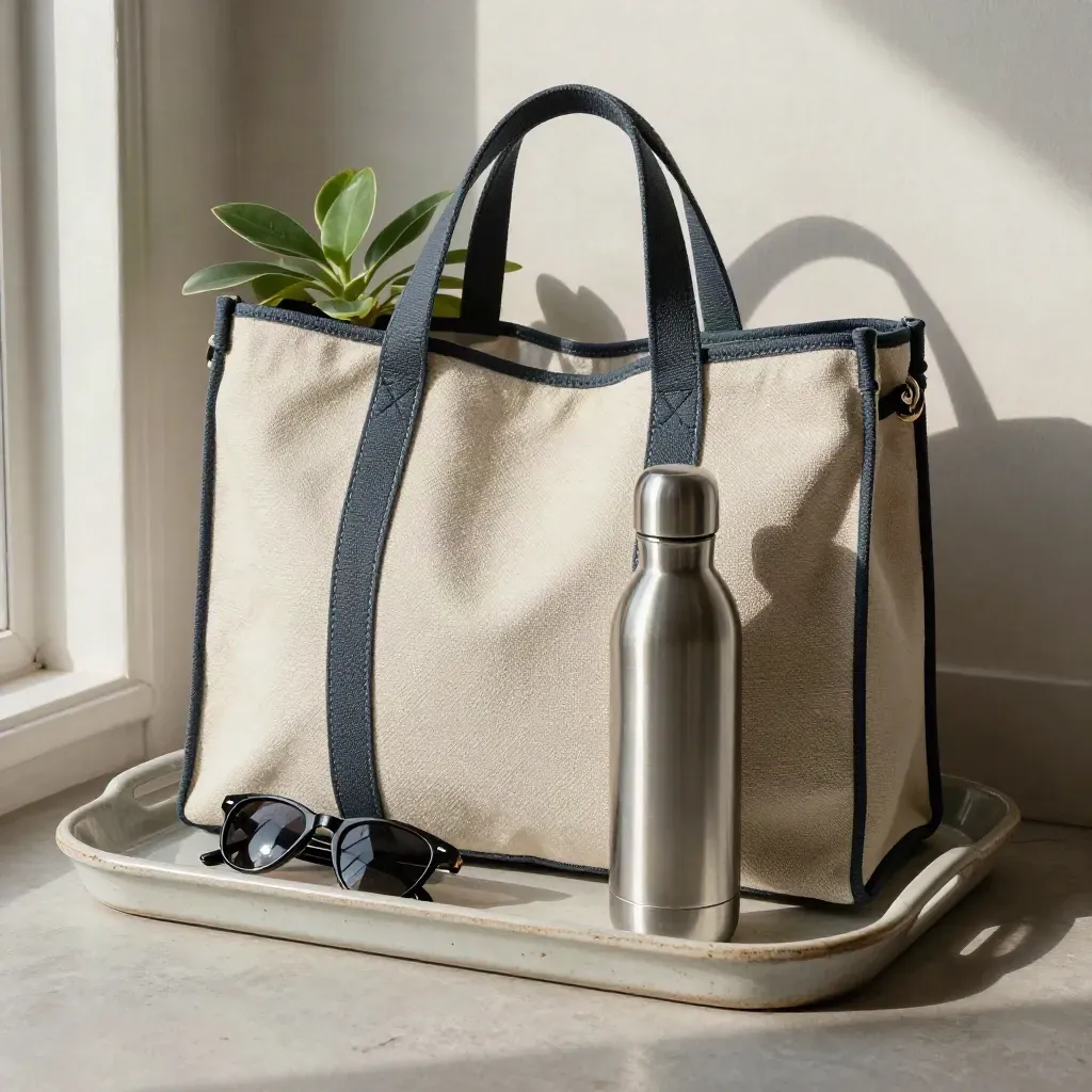 Weekend tote packed with sunglasses case, water bottle, and plant in a stone tray.