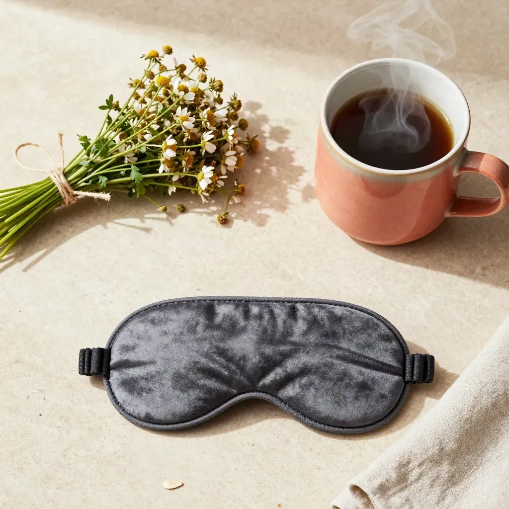 Top-down eye mask, chamomile, mug and linen on pale stone with faint steam
