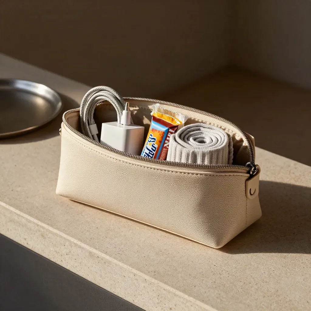 Half-zipped travel pouch with chargers, snacks, socks, and cloth on pale stone.