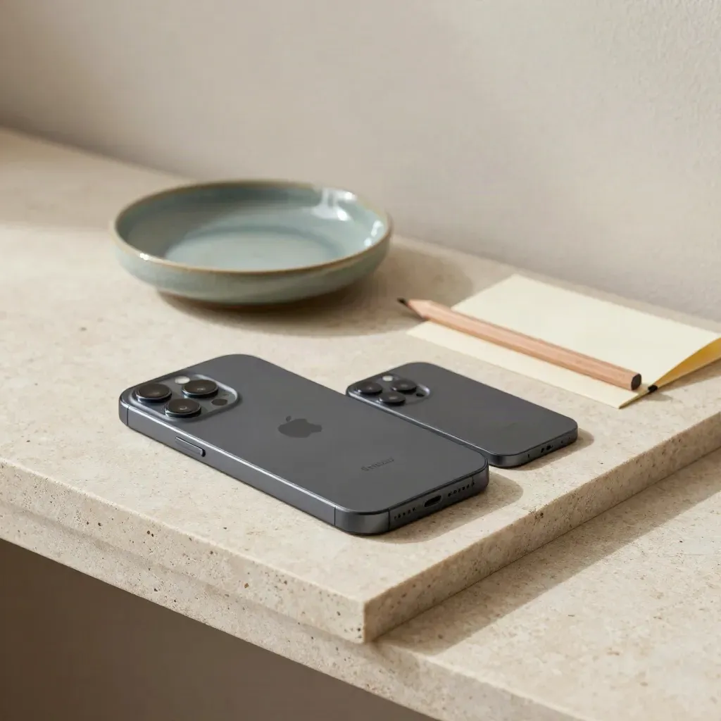 Face-down phone, teal ceramic dish, pencil, and folded card on pale stone with soft side light.