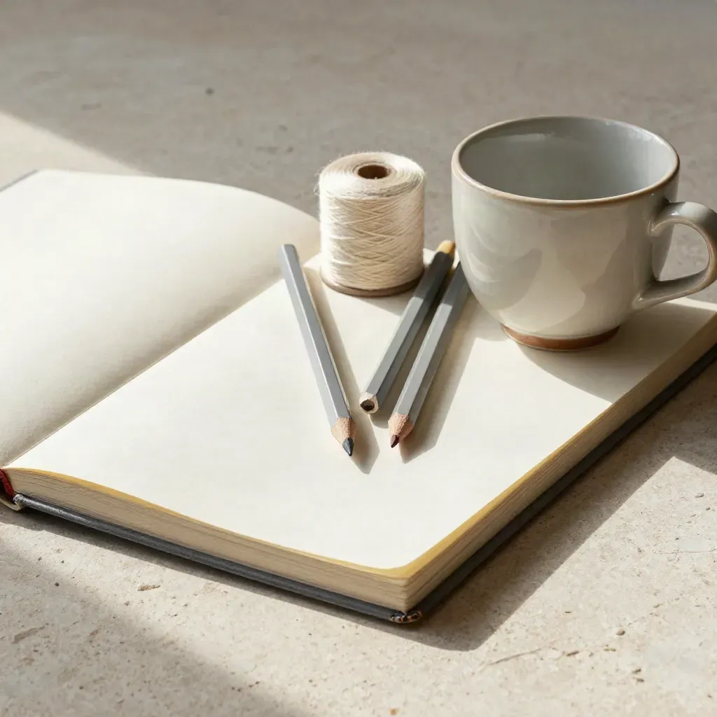 Open sketchbook corner with colored pencils, thread spool and ceramic cup on pale stone.